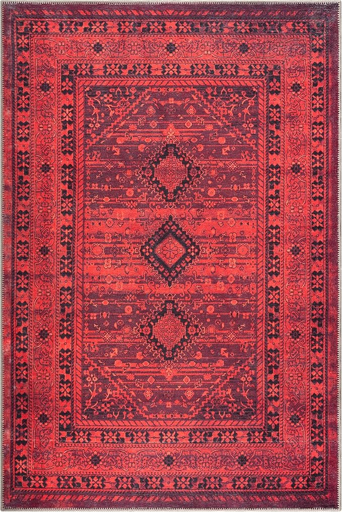 Bloom Rugs Washable Non-Slip 5' x 7' Rug - Red Traditional Bordered Area Rug for Living Room, Bedroom, Dining Room, and Kitchen - Exact Size: 5' x 7'