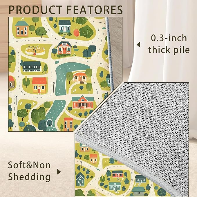Cute Map Cars Washable 5x7 Area Rugs for Living Room, Thin Low Pile Contemporary Carpet, Non-Slip Base Lightweight Rug