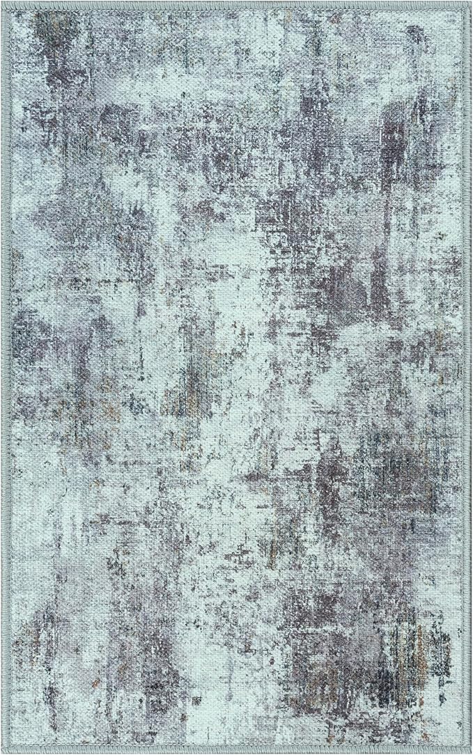 GLN Rugs Contemporary Collection - Machine Washable Area Rug, Contemporary Washable, Non Slip, Low Pile Chenille Rug, Living Room, Bedroom, Kitchen Rug (2' x 3' Grey/Green)