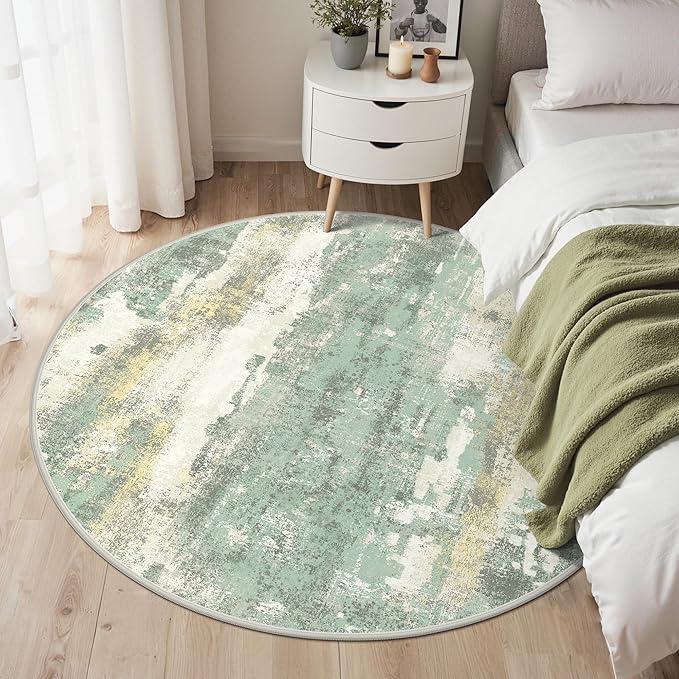 GENIMO Round Area Rugs 5FT for Living Room, Washable Circle Rug Low Pile, Non Slip Abstract Carpet for Bedroom, Enytryway, Kitchen, Light Green