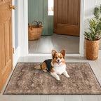Boho Taupe Brown 3x5 Large Entryway Rug - Modern Vintage Traditional Eclectic Oriental Neutral, Washable Low Pile Non-Slip Area Rugs for Door Mat Indoor Entrance, Kitchen, Laundry
