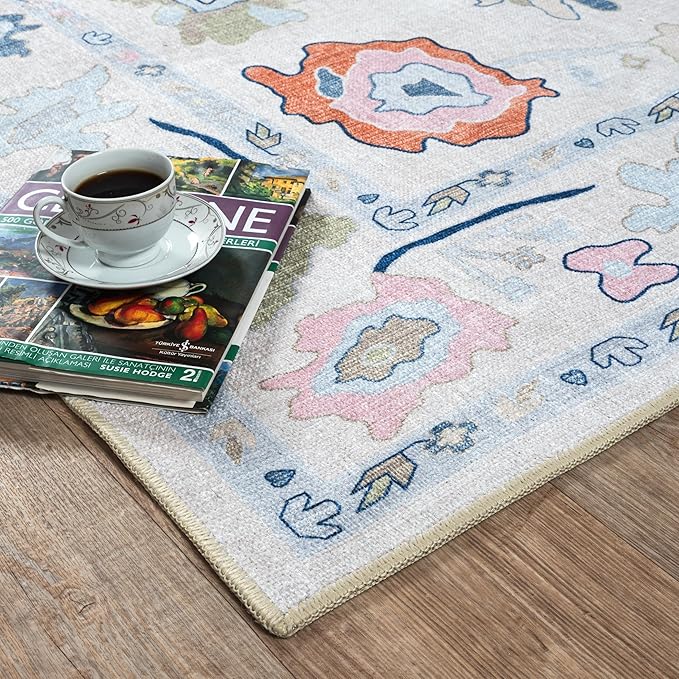 Fame Living Cream Oushak Rug, Modern Small Rugs, Vintage, Turkish, Eclectic, Floral, Pastel, Washable, Door Mat, Doormat for Indoor Entrance, Entryway, Kitchen, Bathroom, Bedroom, Laundry, 2'x3'