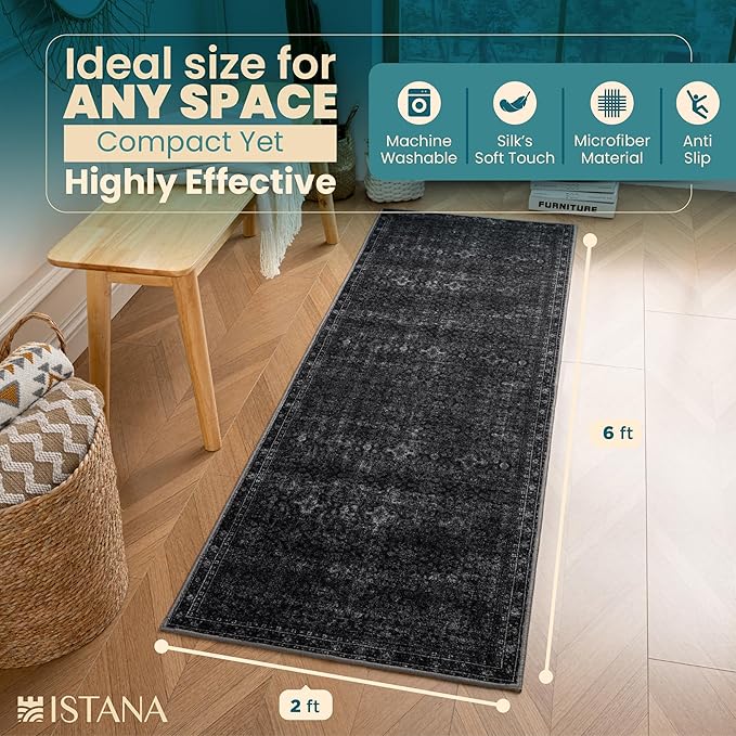 Istana Hallway Runner Rug 2x6 - Black Kitchen Rugs Non Slip Washable -Silk's Soft Touch Carpet Runner - Stylish Rug for Home