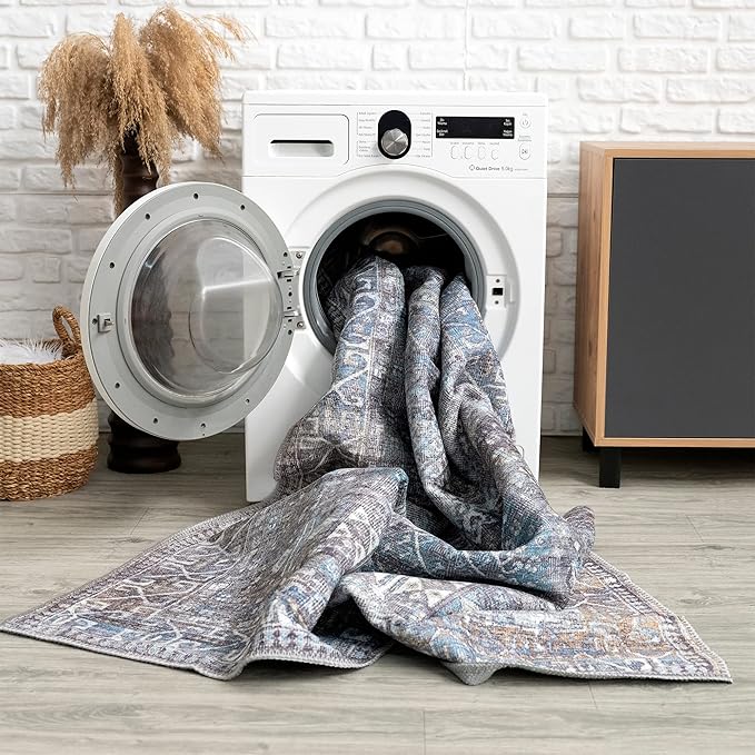 Bloom Rugs Washable 4' x 6' Rug - Slate Gray/Blue Traditional Area Rug for Living Room, Bedroom, Dining Room, and Kitchen - Exact Size: 4' x 6'