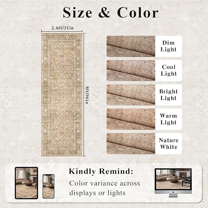 2.6x8 Runner Rug for Hallways Vintage Distressed Non Slip Long Carpet Floral Boho Distress Print Pattern Mat Lightweight Retro Accent Throw Carpet for Kitchen Bedroom Bedside Laundry Room﻿-Khaki
