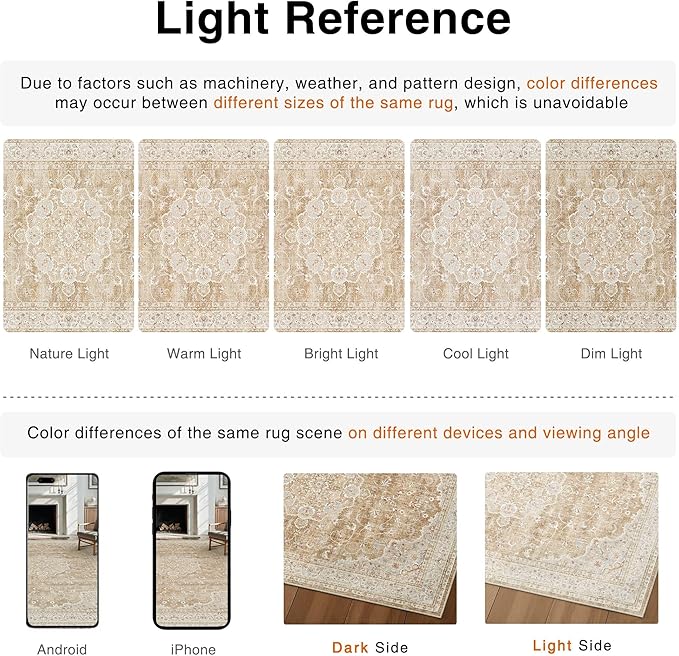HUGEAR Machine Washable Area Rugs 6x9 Vintage Beige Brown Living Room Bedroom Rug Neutral Style Non Slip Stain Resistant Low Pile Throw Carpet for Home Retro Aesthetic Modern Decor