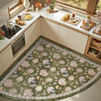 jinchan Elora Floral Corner Rug for Kitchen Washable Nursery Rug Vintage Romance Design Non Slip Quarter Circle Lightweight Low-Pile Throw Carpet for Playroom Reading Nook Office, 5ft Radius, Green