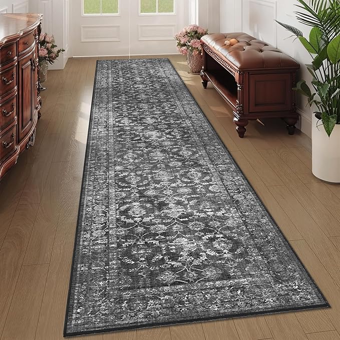 2x10 Hallway Washable Runner Rug Vintage Boho Extra Long Runners for Kitchen, Bathroom, Distressed Floral Floor Mat Non-Slip Farmhouse Carpet, Black