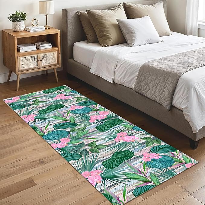 Tropical Runner Rug 2x7 ft - Floral & Leaf Print, Pink Flowers & Greenery - Non-Slip Easy Clean - Hallway, Living Room, Bedroom - Bohemian Watercolor Style