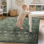 5x7 Washable Area Rug for Living Room, Non Slip Vintage Floral Rugs for Bedroom, Retro Indoor Floor Carpet for Kitchen, Dining Room, Farmhouse, Classroom (Distressed Green)