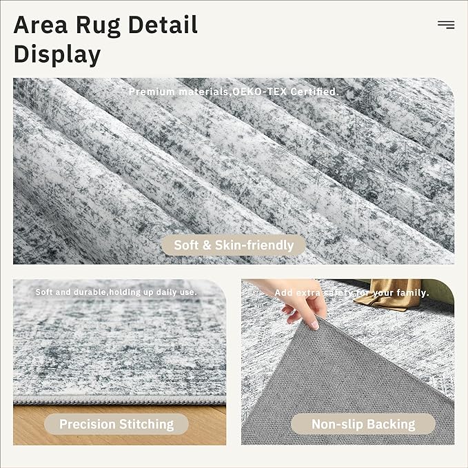 9x12 Area Rugs for Living Room, Non Slip Machine Washable Vintage Rugs, Low Pile Lightweight Large Rug for Bedroom, Dining Room, Home Office Grey