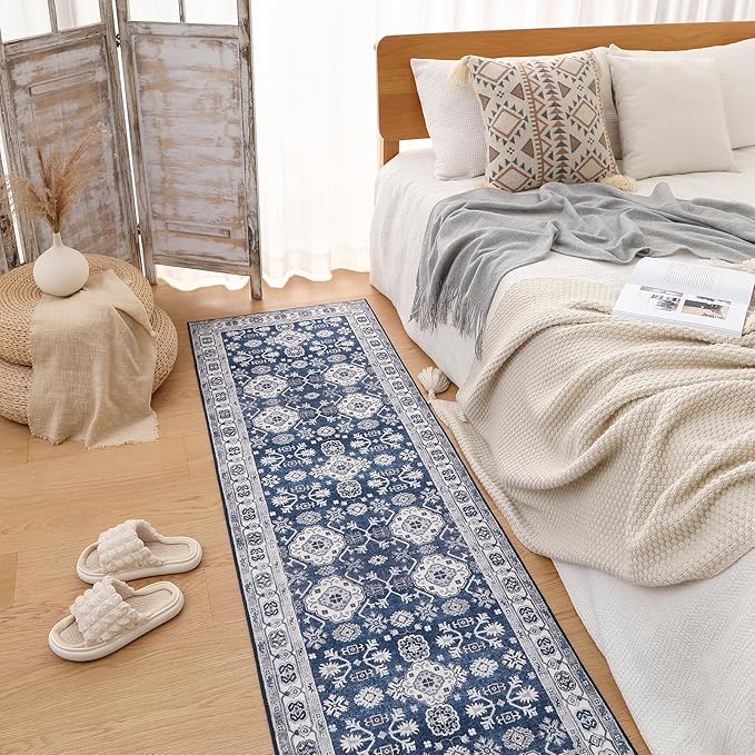 VK VK·LIVING Machine Washable Rug 2'x6' Vintage Design Washable Runner Area Rugs with Non Slip Rugs for Living Room Bedroom Traditional Woven Carpet Stain Resistant Dining Office Boho Rug, (Navy)