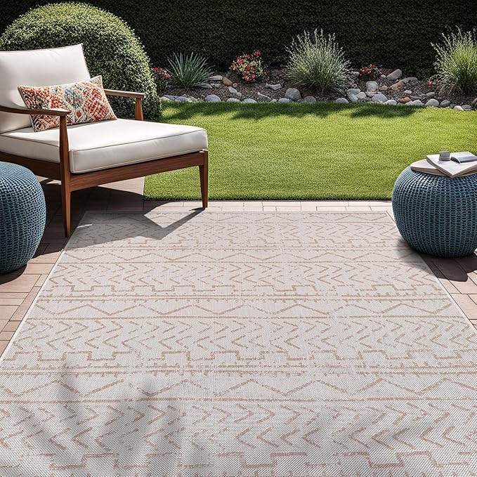 Beverly Rug Waikiki Indoor Outdoor Rug 6x9, Washable Outside Carpet for Patio, Deck, Porch, Trellis Area Rug, Water Resistant, Beige - White