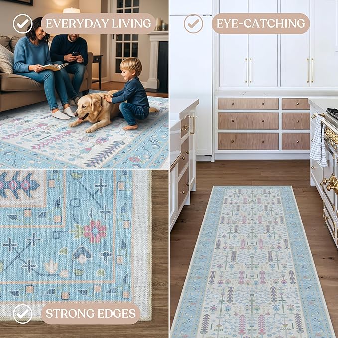 Cream Blue Oushak Runner Rug, Modern Runners, Vintage, Turkish, Eclectic, Floral, Pastel, Washable, Long Runner Rugs for Hallway, Kitchen, Living Room, Bedroom, Kitchen, Bathroom, 2'5"x13'