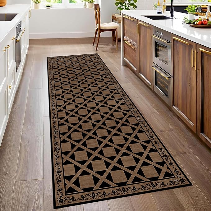 Minimalist Checkered Runner Rug, 2x10ft, Brown Checkerboard Floor Mat, Floral Print Hallway Kitchen Runners Rugs, Washable Breathable Reduce Noise Room Decor Carpet for Bedroom Foyer