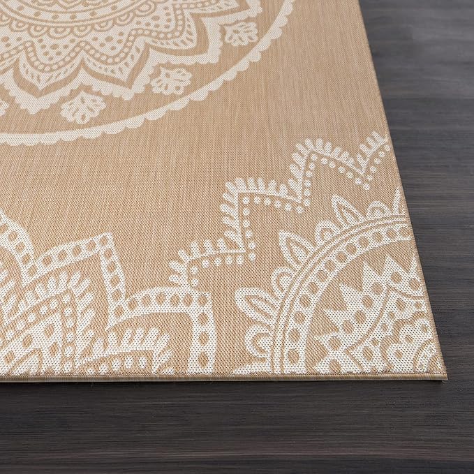 CAMILSON Outdoor Rug 10x14 Modern Area Rugs for Large Indoor and Outdoor Patios and Porches - Washable, Non-Shedding, Easy-to-Clean Outside Carpet (10 x 14, Medallion - Beige/White)