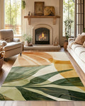 Boho Tropical Leaves Washable Living Room Area Rug, Low Profile Abstract Pattern, Non-Slip Backing Carpet for Kitchen, Bedroom, Dining Room