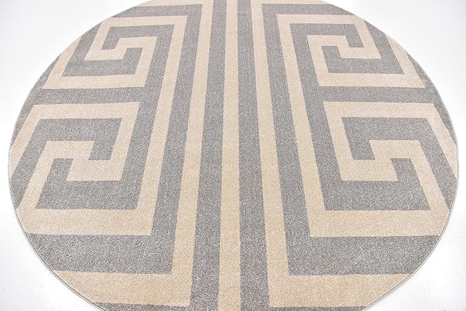 Unique Loom Athens Collection Classic Geometric Modern Border Design Area Rug (8' 0 x 8' 0 Round, Gray/ Beige)