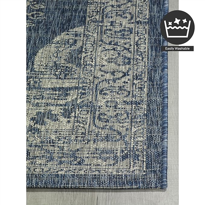 FH Home Outdoor Area Rug - Waterproof Easy to Clean Stain Resistant - Patio Indoor Outdoor Porch Deck Balcony Entryway - Vintage Distressed - Gorgan - Blue - 7ft 8in x 9ft 8in