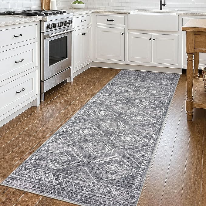 KILOCOCO Hallway Runner Rug 3'x8' Runners for Hallways Washable Runner Rug Non Slip Rubber Backed Low-Pile Runners for Bedroom Kitchen Living Room Laundry Room Boho Rugs, Grey