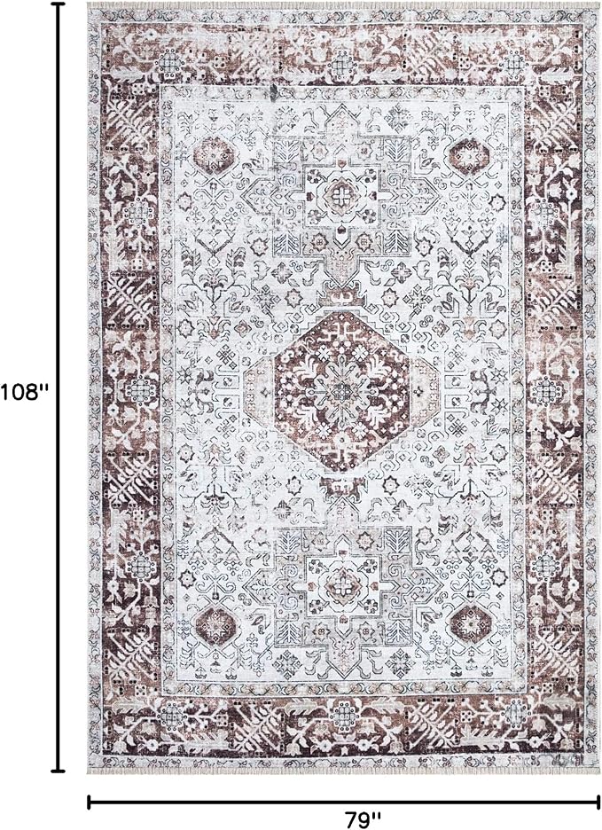 Bloom Rugs Caria Washable Non-Slip 6x9 Rug - Beige/Brown Traditional Area Rug for Living Room, Bedroom, Dining Room, and Kitchen - Exact Size: 6' x 9'