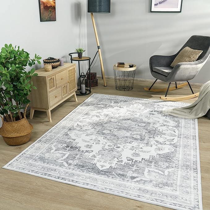 Paco Home Vintage Area Rug with Faded Oriental Pattern in Grey, Size: 4' x 5'3"