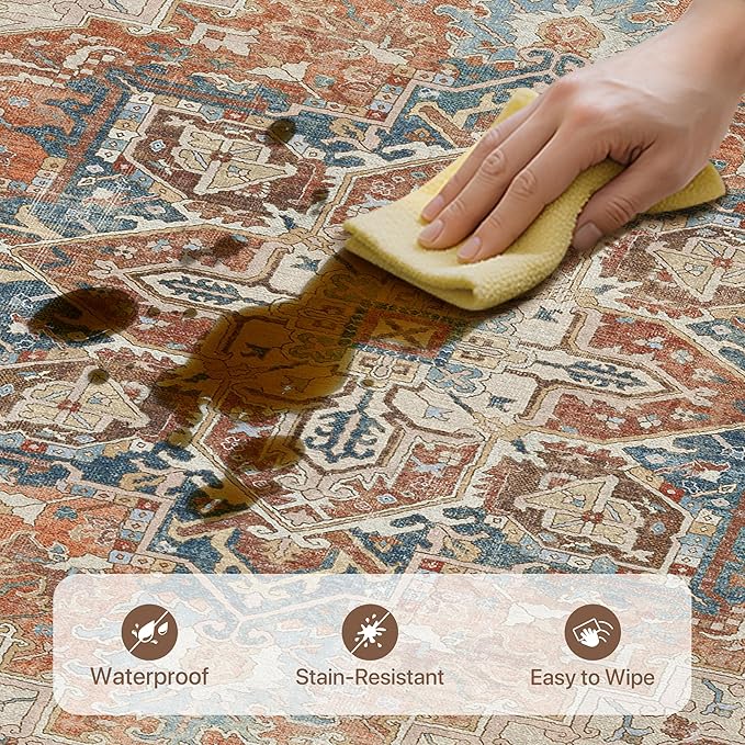 GENIMO 5X7 Area Rugs for Living Room, Machine Washable Vintage Floor Cover Foldable Modern Non Slip Rug, Low Pile Soft Indoor Carpet Floral Print Mat Rug,Bedroom/Dining Room/Home Office,Terracotta