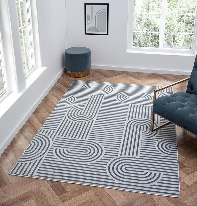 Annabel Modern Geometric Area Rug for Living Room, 5x7 Contemporary Arched and Linear Blue Rug, High-Low Pile Stain Resistant Carpet for Bedroom, Dining Room or Kitchen (5' x 7', Blue)