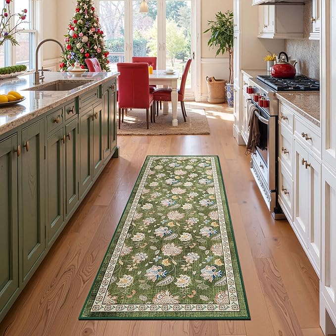 jinchan Elora 3x8 Floral Runner Rug for Hallway Washable Kitchen Runner Vintage Romance Design Non Slip Thin Indoor Floor Cover Low-Profile Throw Carpet for Entryway Bathroom Bedroom Porch, Green