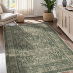 Vintage Washable Area Rug for Living Room,Low Pile 6x9 Non Slip Carpet Non-Shedding Area Rug Soft Indoor Stain Resistant Rug Floral Print Mat for Bedroom Dining Room Green