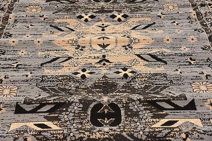 Unique Loom Taftan Collection Border Geometric Tribal Inspired Design Area Rug (6' 0 x 9' 0 Rectangular, Gray/ Black)