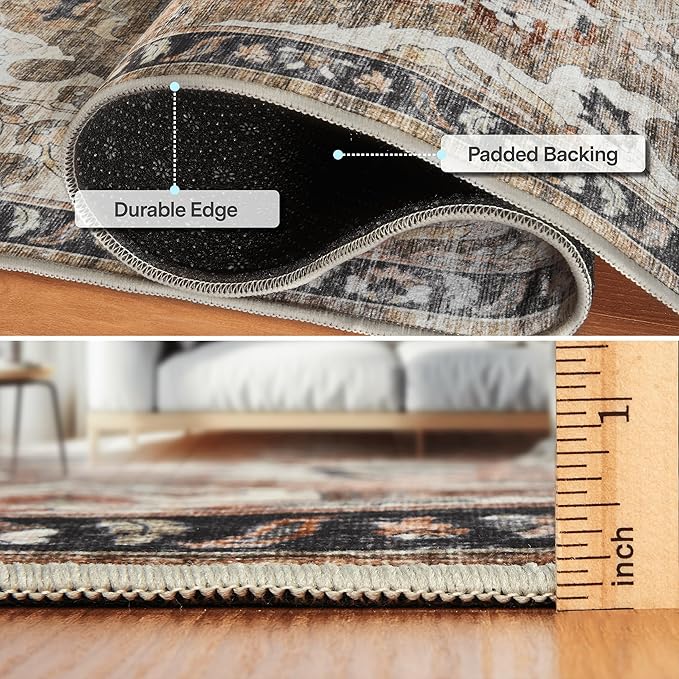 ReaLife Rugs Machine Washable Area Rug Runner - Living Room Bedroom Bathroom Kitchen Entryway Office - Padded Low Pile Stain Resistant Premium - Boho Farmhouse Vintage - Joy - Brown Beige 3' x 5'