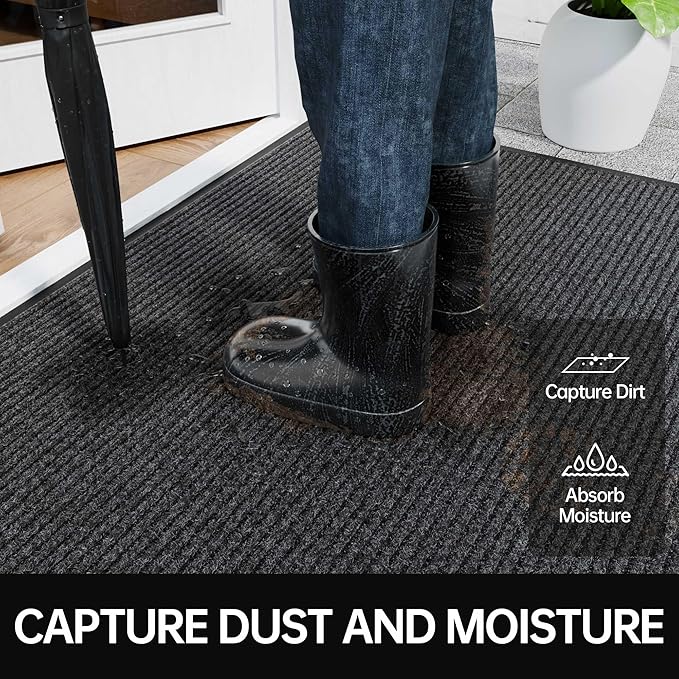 Front Door Mat, 2' x 4' Heavy Duty Indoor Outdoor Door Mat for Entryway, Commercial Door Mats Entrance, Low Profile Welcome Mats Non-Slip, Durable Rubber Backing Entry Mat for Patio, Home