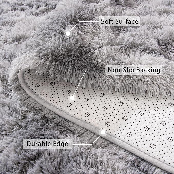 Beglad Fluffy Area Rugs 4x6 Feet, Modern Minimalist Style Shag Rugs, Non-Slip Indoor Carpet Soft Rugs for Bedroom, Living Room & Kids Room, Tie-Dyed Light Grey
