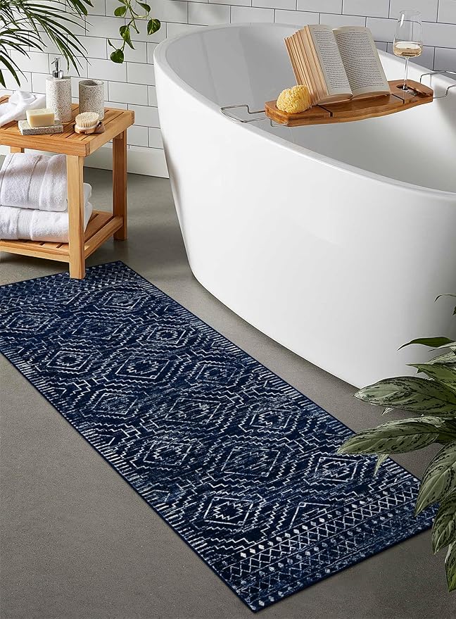 Wonnitar Moroccan Kitchen Runner Rugs, Non-Skid Washable Runner Rug 2x6, Bohemian Non-Shedding Soft Blue Hallway Runner, Geometric Low Pile Carpet Runner for Laundry Bath Entrance (Blue,2'x6')