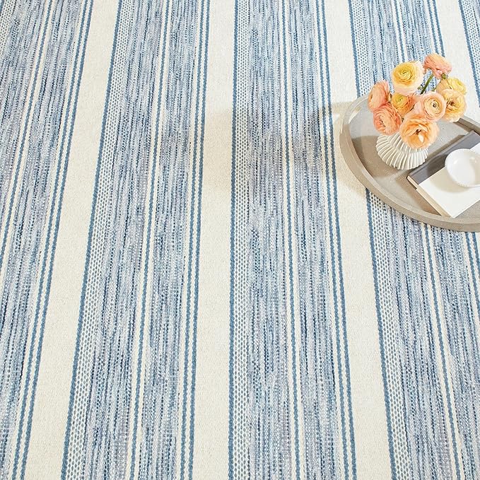 Dash & Albert Ellington Stripe Blue Machine Washable Rug, 4 X 6 Feet, Blue Stripe Pattern