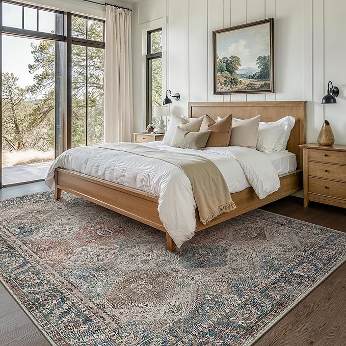 Bavni 6x9 Area Rugs for Living Room, Machine Washable Rug Non Slip, Vintage Chenille Distressed Print Carpet, Large Low Pile Ultra-Thin Lightweight Rugs for Bedroom, Dining Room, Home, Office, Red