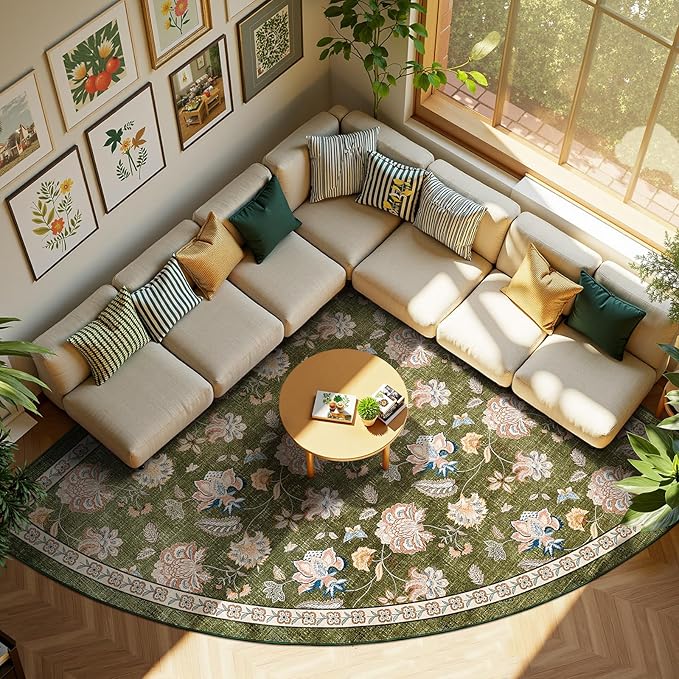 jinchan Elora Floral Corner Rug for Living Room Washable Bedroom Rug Vintage Romance Design Non Slip Quarter Circle Lightweight Low-Pile Throw Carpet for Reading Nook Playroom,8ft Radius, Green
