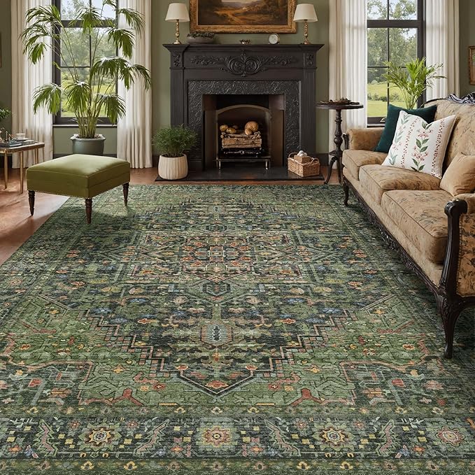Kokia 9x12 Washable Area Rugs Dark Green with Vintage Orient Design, Soft Rug for Living Room or Bedroom, Non-Slip Low Pile Stain Resistance Features, Distressed Medallion Pattern