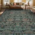 Boho Dark Green Floral Area Rug 8x10 for Living Room, Washable Farmhouse Moody Rug for Bedroom, Dining Room Under Table, Cottage Core Distressed Low Pile Non Slip Carpet, Soft Large Mat