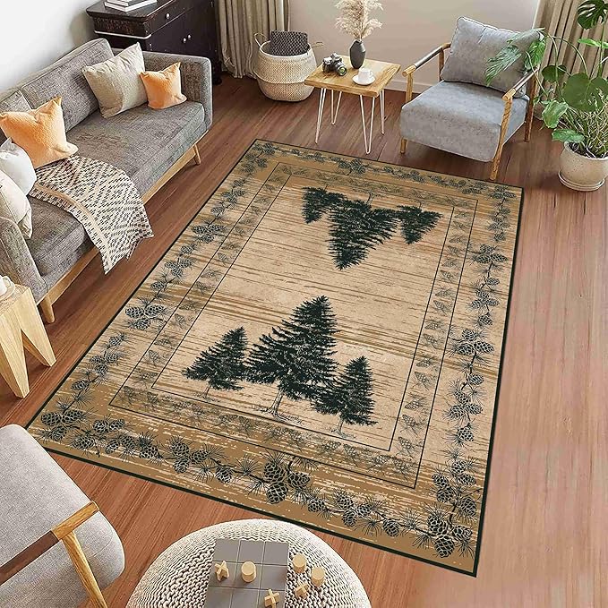 UNREASTO Country Cabin Area Rug 5x8ft Rustic Nature Forest Pine Cone Pine Tree Plant Vintage Home Decor Floor Rug Non-Slip Easy Clean Lodge Rug for Living Room Bedroom Entry Office Hardwood Floor