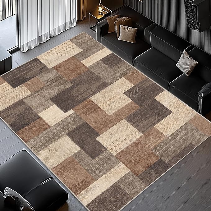 Modern Geometric Patchwork Indoor Area Rug for Living Room, Beige 5'x 7' Large Rug Rockwood Collection Hardwood Floors Decor for Bedroom, Beige Throw Carpet for Office Entryway Dining Room