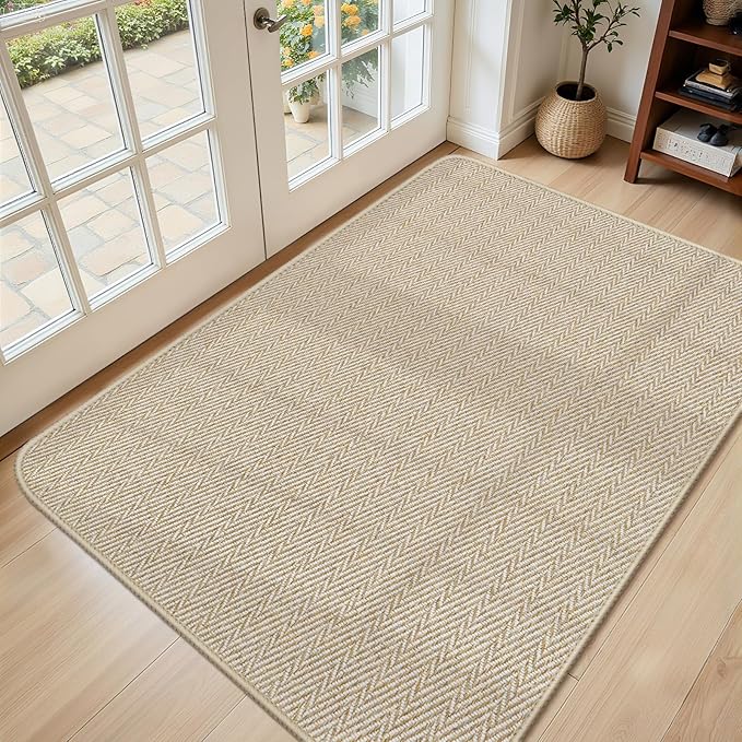 Ultra Thin Door Mat Indoor Entrance 36"x59", Low-Profile Indoor Door Mat, Large Non Slip Entry Mat Rubber Backing Unique Herringbone Design Inside Doormat Dirt Trapper Entryway Mats, Beige