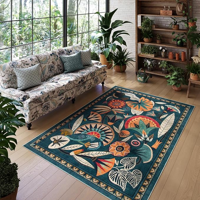 Boho Egypt Green Area Rugs for Living Room Bedroom, 5x7 Washable Large Dining Room Rug Non Slip, Floral Vintage Farmhouse Throw Carpet for Office Hardwood Floor Playroom (Dark Green,5 x 7)