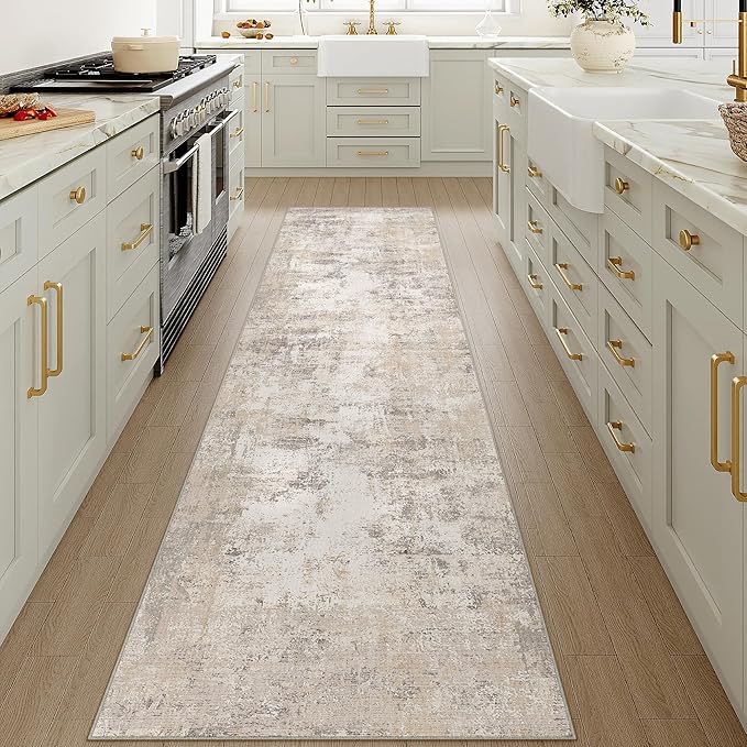 3x12 Washable Runner Rug Beige Grey Abstract Hallway Kitchen Throw Rug Neutral Modern Non Slip Soft Low Pile Carpet for Bathroom Laundry Bedroom Living Room