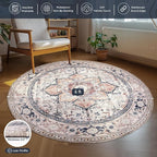 PURRUGS Vintage Farmhouse Boho Area Rug 6x6 ft, Non-Slip Machine Washable Round Rug, Accent Oriental Rug for Dining Room, Living Room, Bedroom, Entryway and Kitchen, Coral Red/Marine Blue