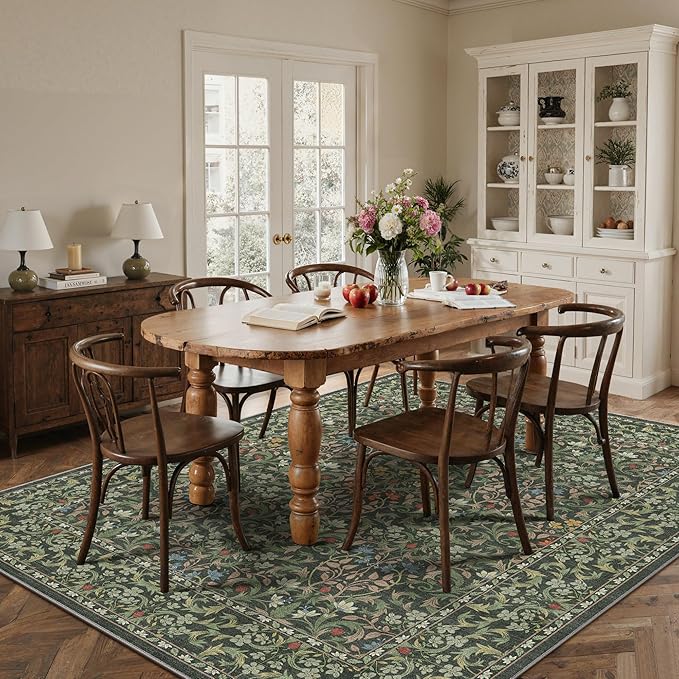 Bavni 8x10 Area Rugs for Living Room, Floral Rug Machine Washable Non Slip, Vintage Boho Forest Carpet, Soft Low Pile Thin Lightweight Rugs for Bedroom, Farmhouse, Dining Room Office, Emerald Green
