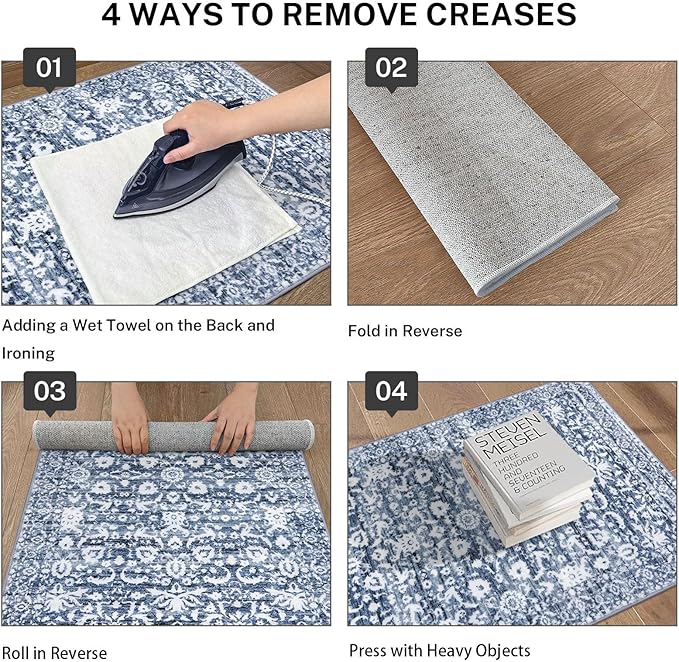 Vintage Floral 3x5 Rug, Light Blue White Entryway Rug Small Area Rug Washable Non-Slip Throw Rug, Thin Printed Faux Wool Low-Pile Kitchen Rugs Super Soft Capet for Entrance Bedroom Office