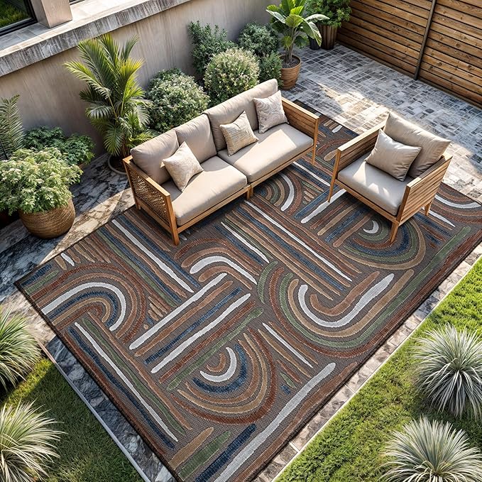 CAMILSON Indoor Outdoor Rug, Brown 5x7 Geometric Arch Striped Area Rugs for Patio and Home Areas, Easy-Cleaning Non-Shedding Living Room, Garden and Deck Washable Outside Carpet (5 x 7)