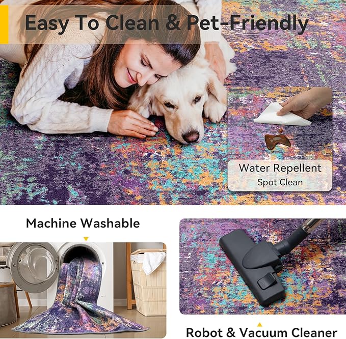Washable Area Rugs 6'x9' Non-Slip Modern Abstract Soft for Living Room Entryway Bedroom Nursery, Print Pattern, Purple Orange Blue Green Rust Red Colorful